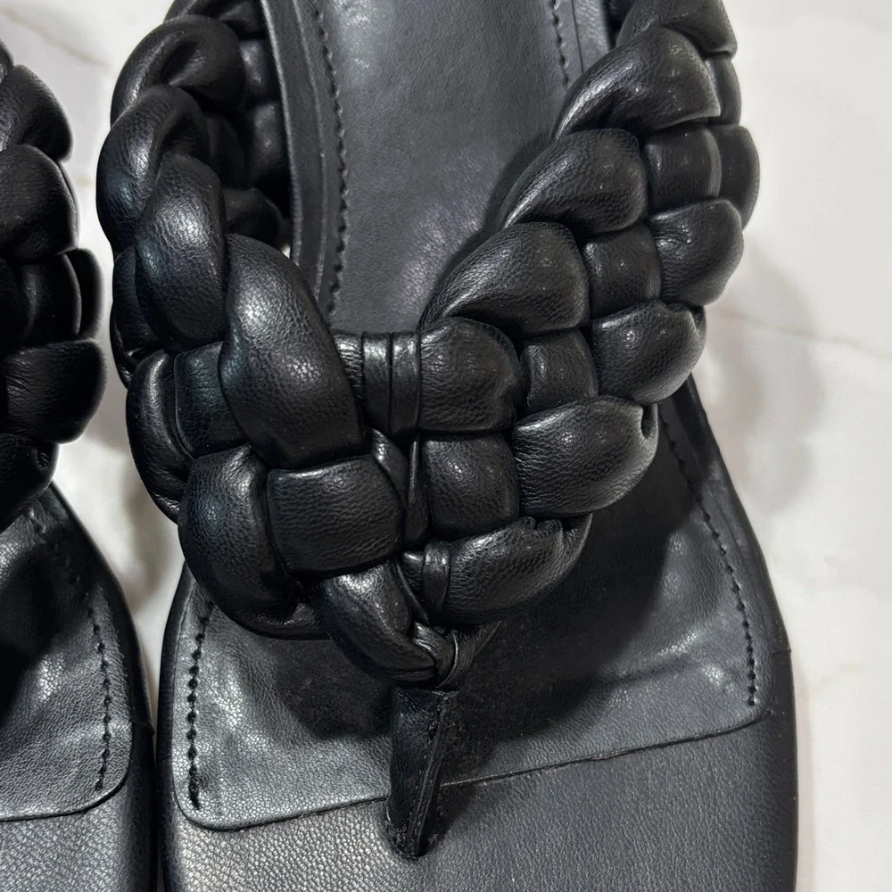 Marc Fisher Black Braided Leather Block Heel Thong Sandals